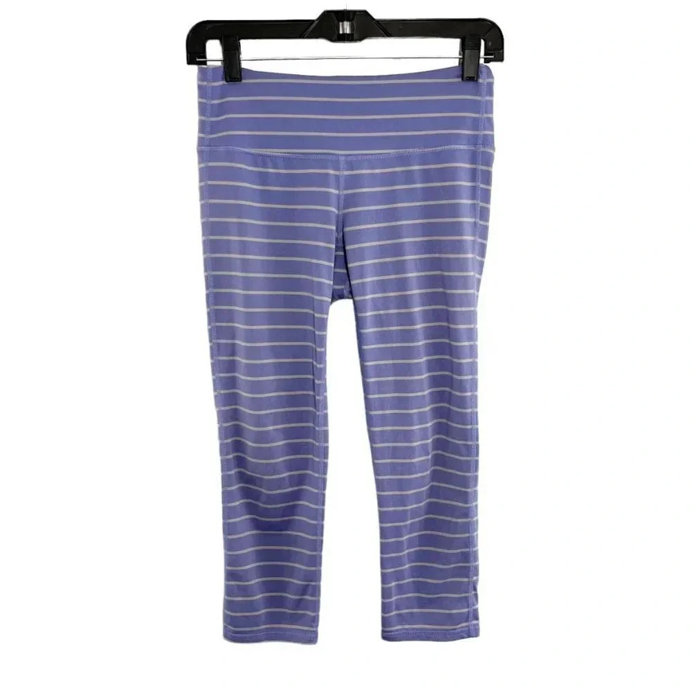 Athleta Purplish Blue & Gray Striped Chaturanga Crop Leggings Women's Size Small